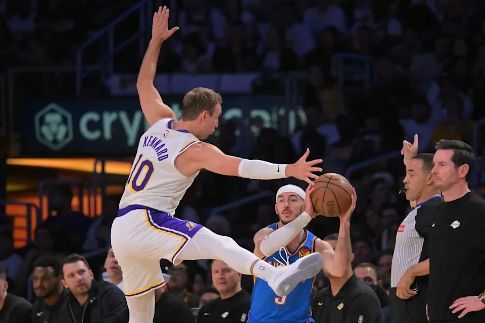 May 9, 2026; Los Angeles, California, USA; Los Angeles Lakers guard Luke Kennard (10) defends an inbounds pass by Oklahoma City Thunder guard Alex Caruso (9) in game three of the second round of the 2026 NBA Playoffs at Crypto.com Arena. Mandatory Credit: Jayne Kamin-Oncea-Imagn Images
